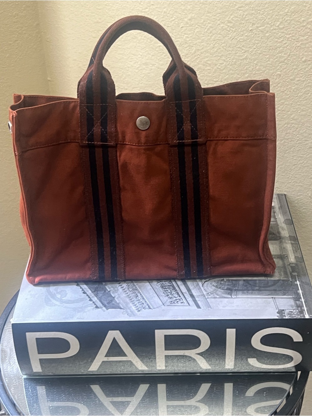 Hermes Brown-Red Canvas Tote with Dark Brown Straps